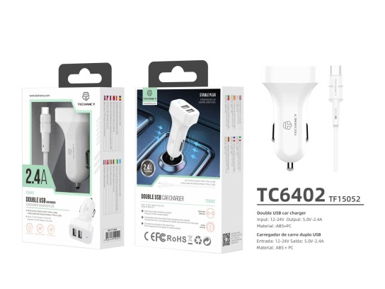 Caricabatterie Auto Per Tipo-C 2Usb Basic 2.4A Bianco