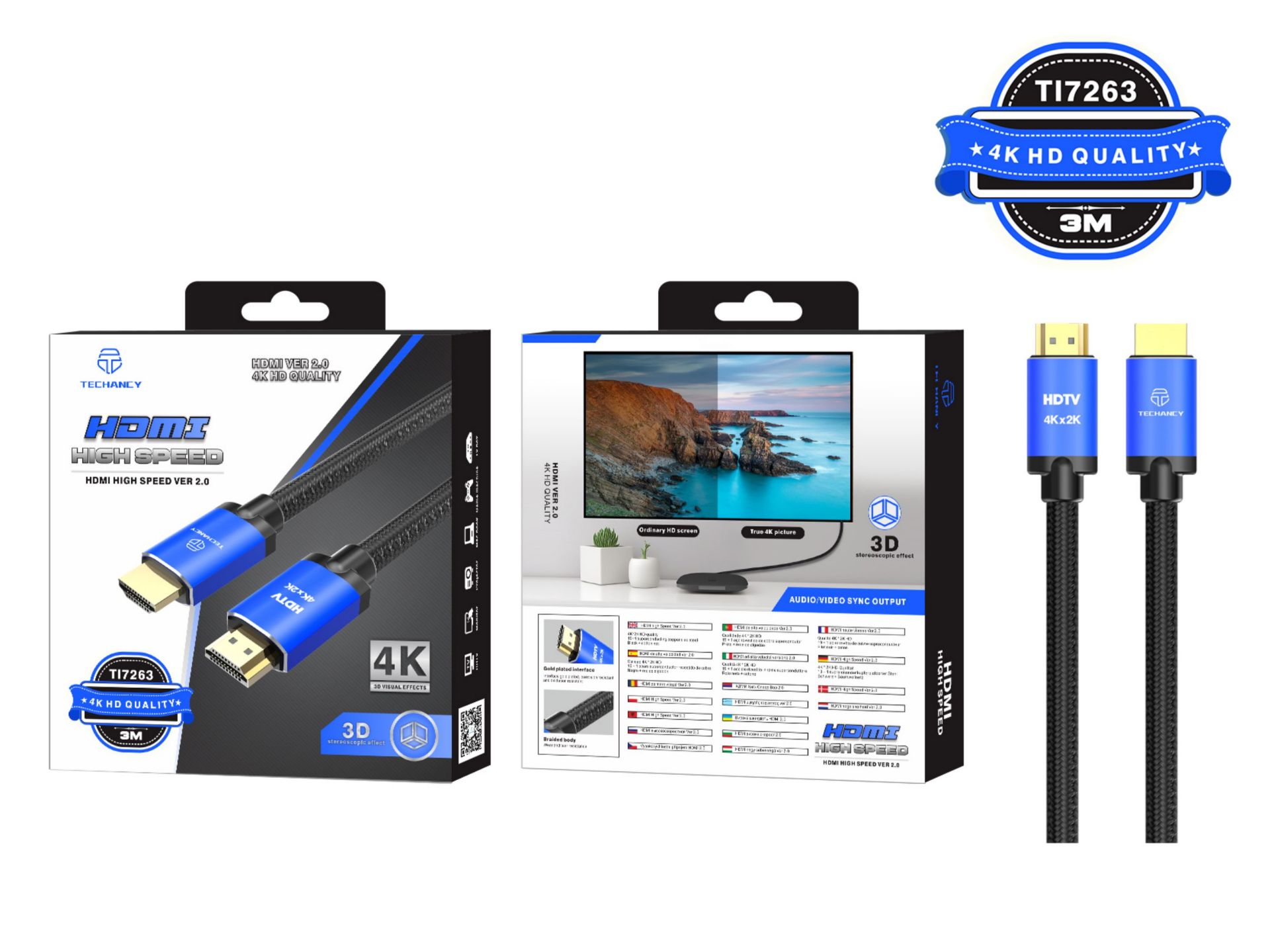 Línea de video HDMI azul 4K * 2K3M Línea de video HDMI azul 4K * 2K3M