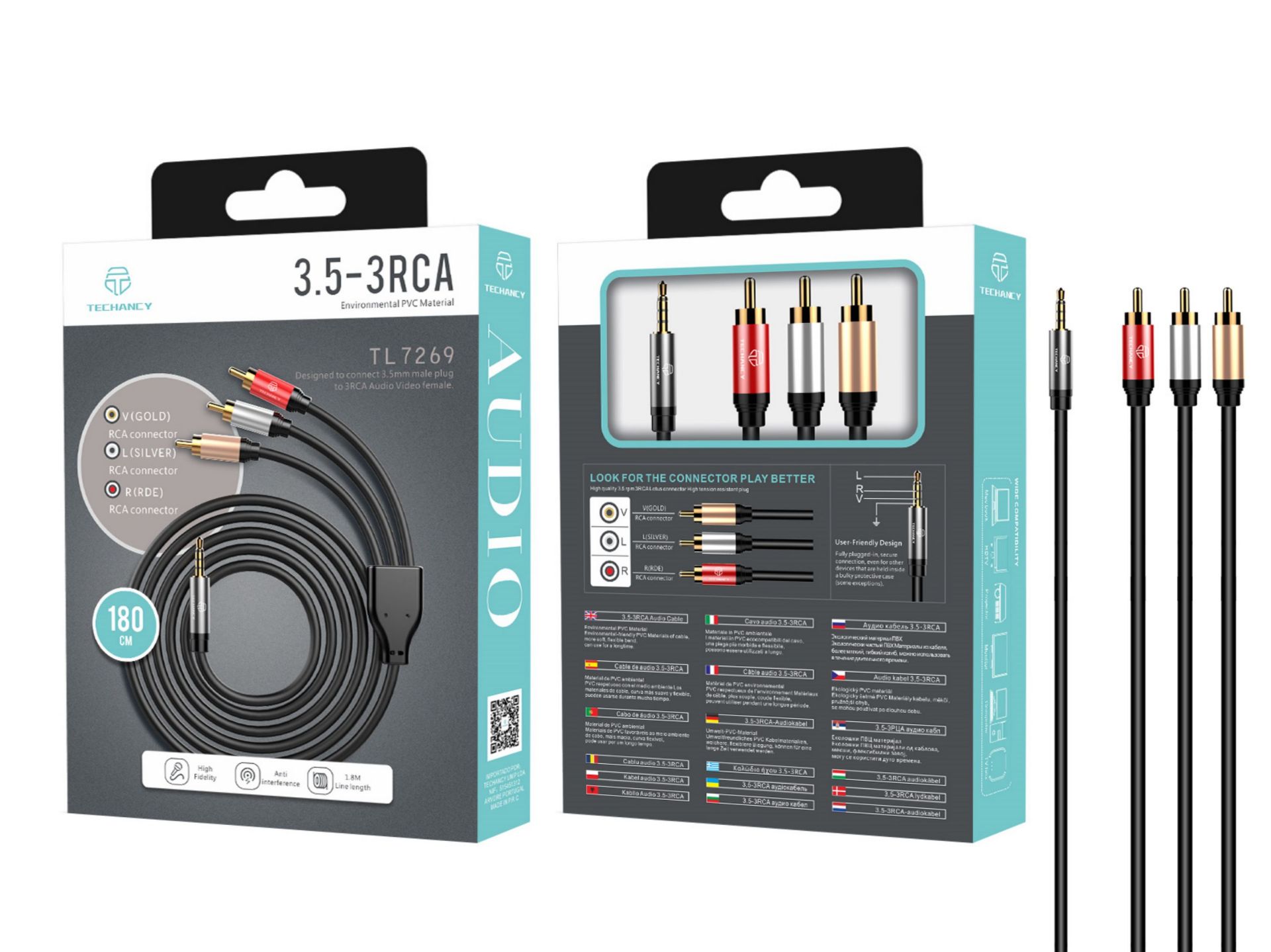 Línea de audio negra 3.5mm-3RCA 1.8m Línea de audio negra 3.5mm-3RCA 1.8m