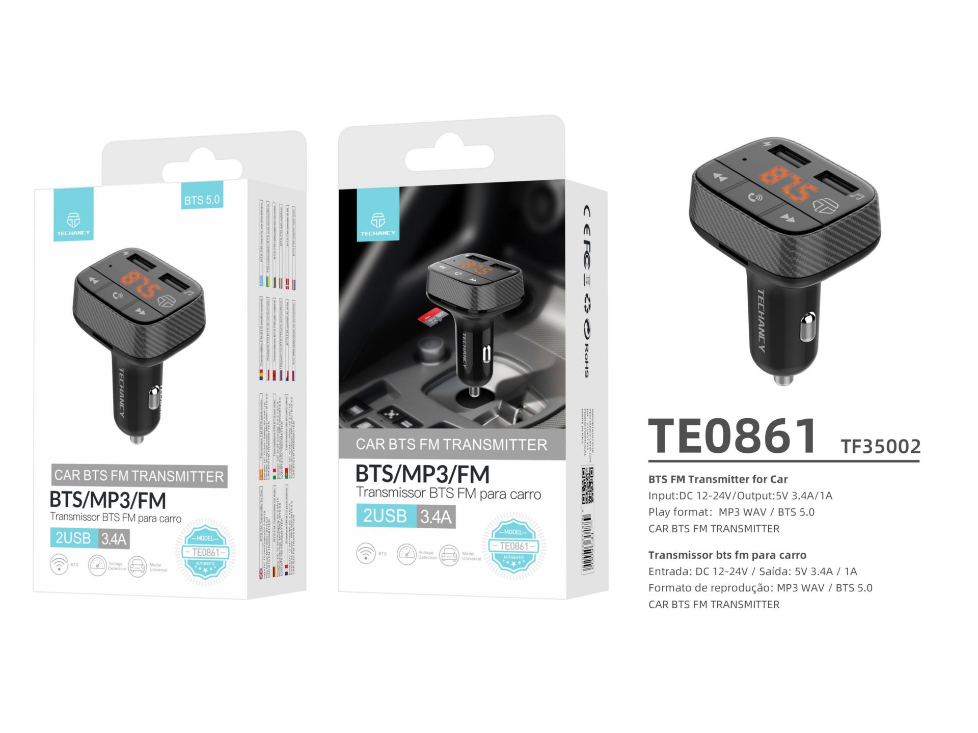 Transmissor Mp3 Para Carro Com 2 Entrada Usb Maximo 2.4A