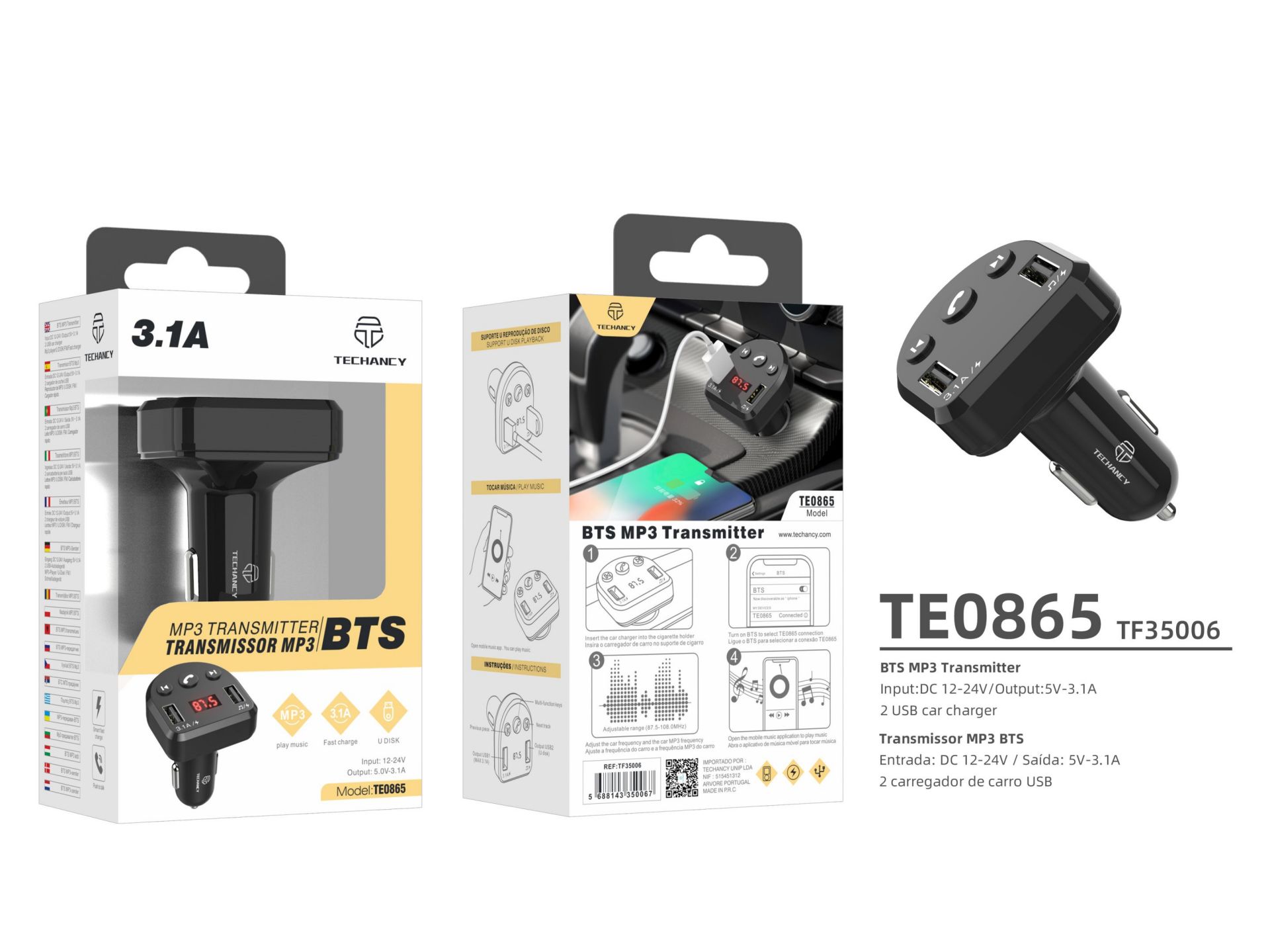 Bluetooth Mp3 3.1A Para Carro Preto