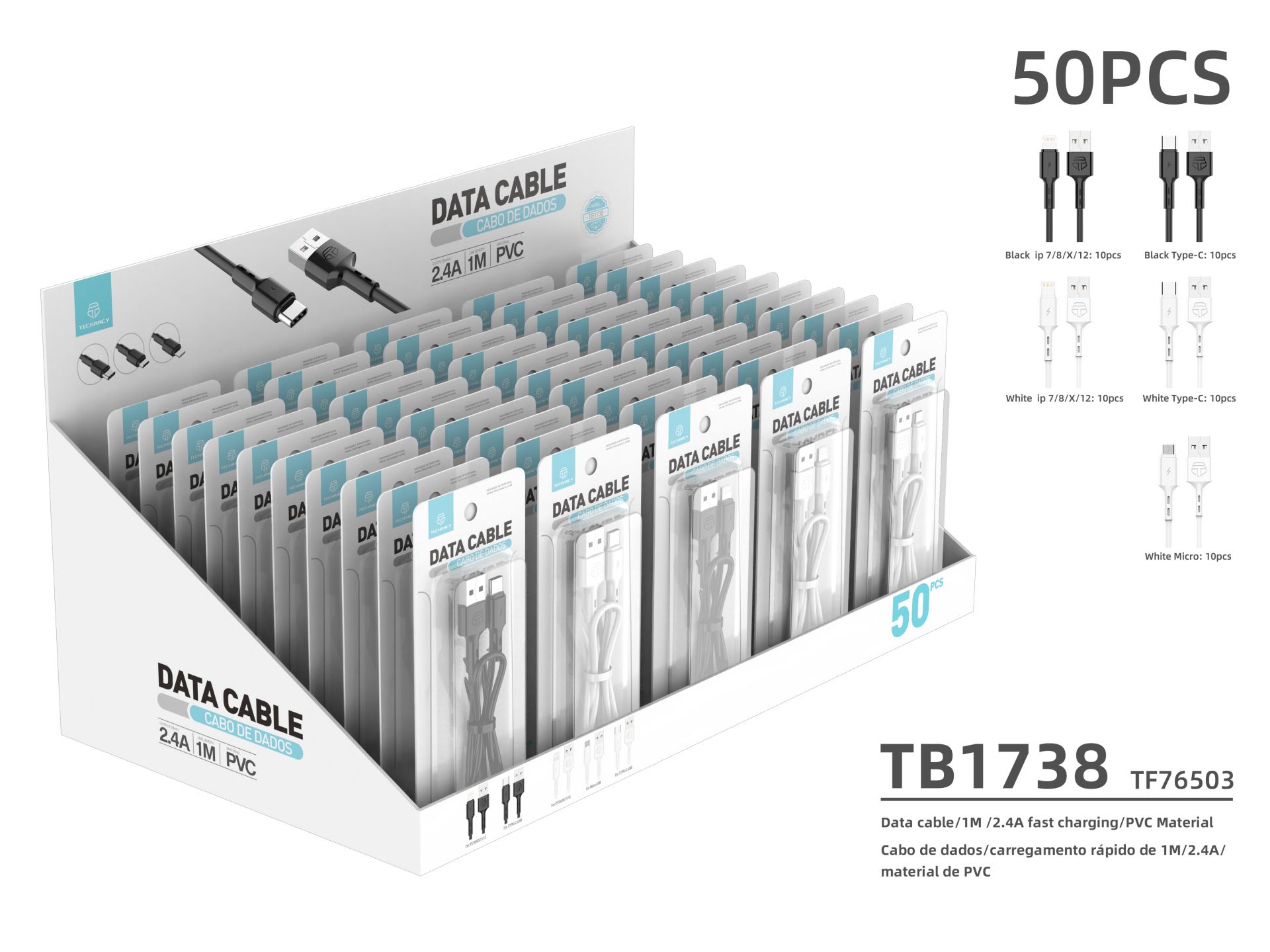 Cable de Datos de PVC 1M 2.4A Negro Blanco (Caja de Presentaci�n) 50Pcs Tf58061-10Pcs Tf58062-10Pcs 