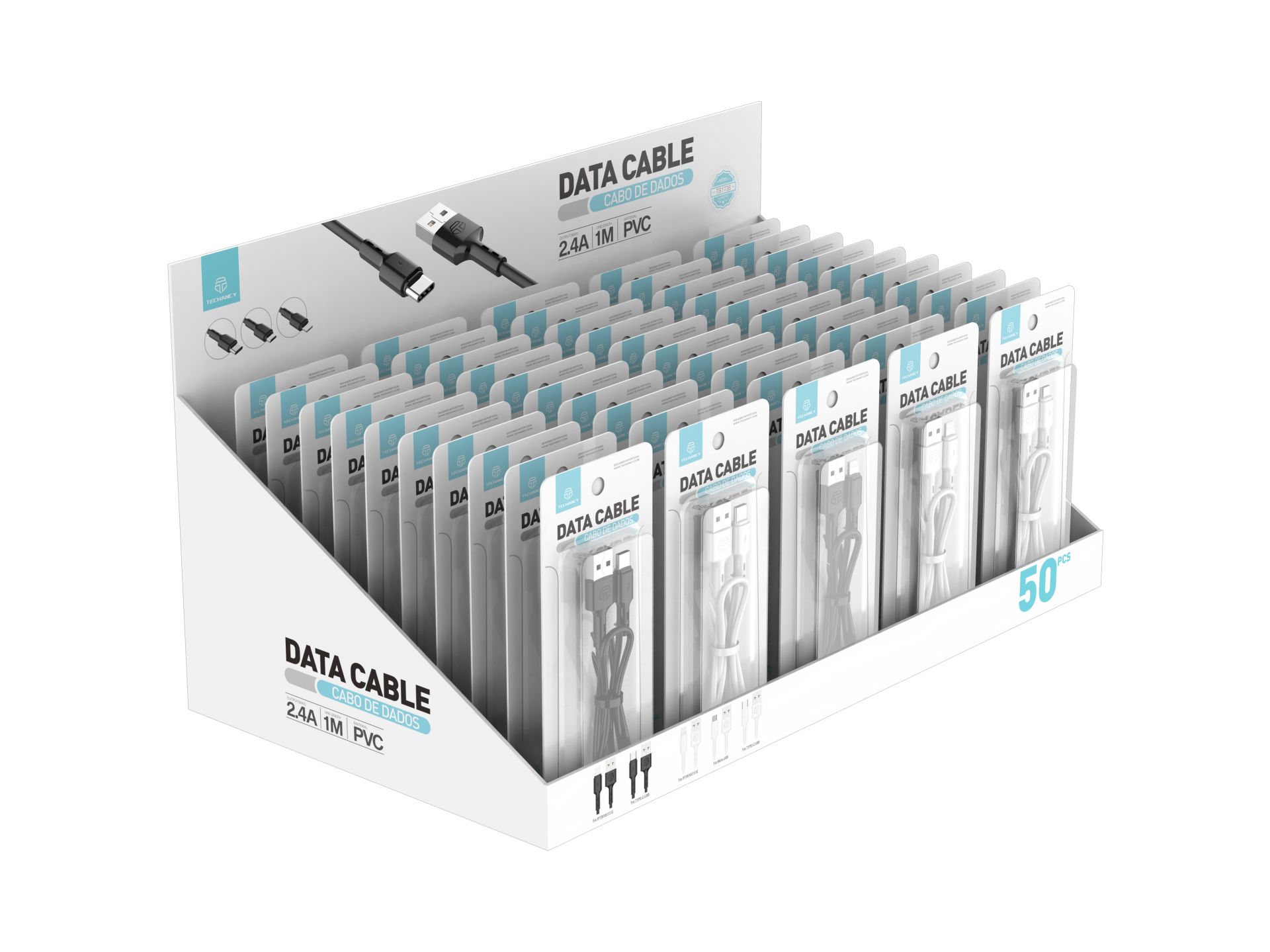 Cable de Datos de PVC 1M 2.4A Negro Blanco (Caja de Presentaci�n) 50Pcs Tf58061-10Pcs Tf58062-10Pcs 