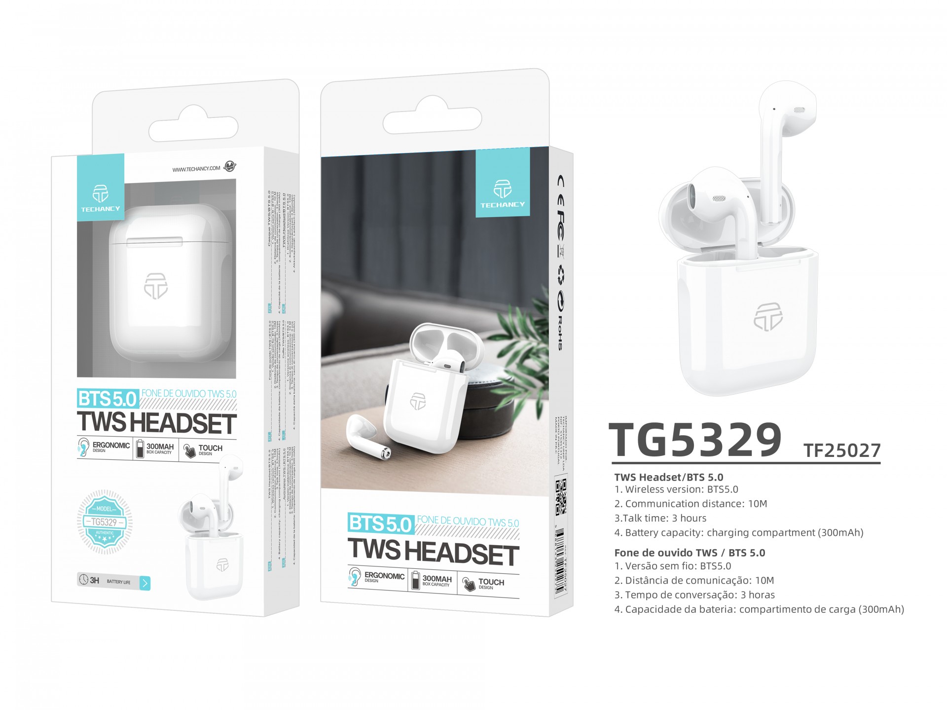 Auriculares Tws Bluetooth Alto Perfil Branco Auriculares Tws Bluetooth Alto Perfil Branco