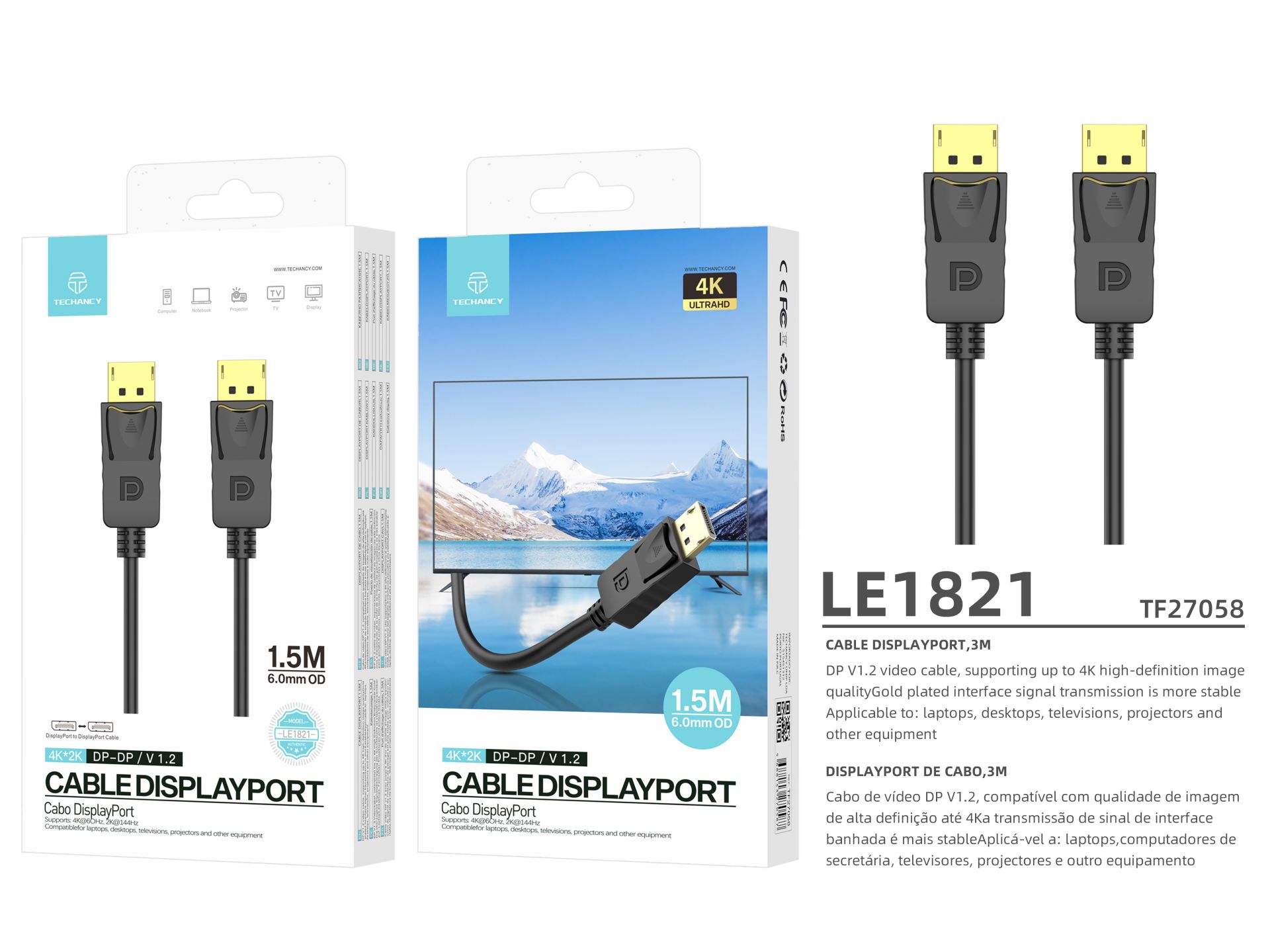 Cabo Displayport 1080P Fullhd 1.5M 1.4M 4K*2K Preto