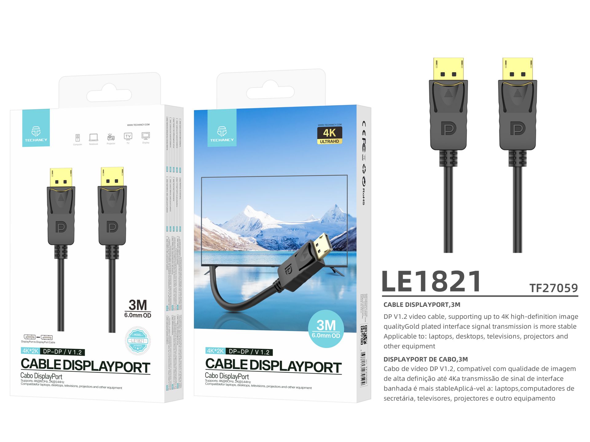 Cabo Displayport 1080P Fullhd 3M 1.4M 4K*2K Preto