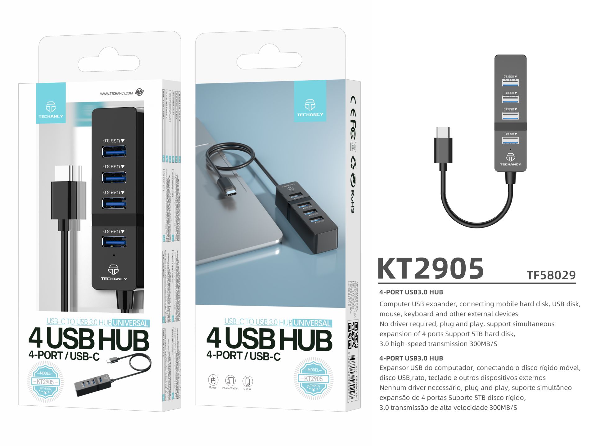 Hub Usb-C3.0 con 4 porte Usb3.0 nero Hub Usb-C3.0 con 4 porte Usb3.0 nero