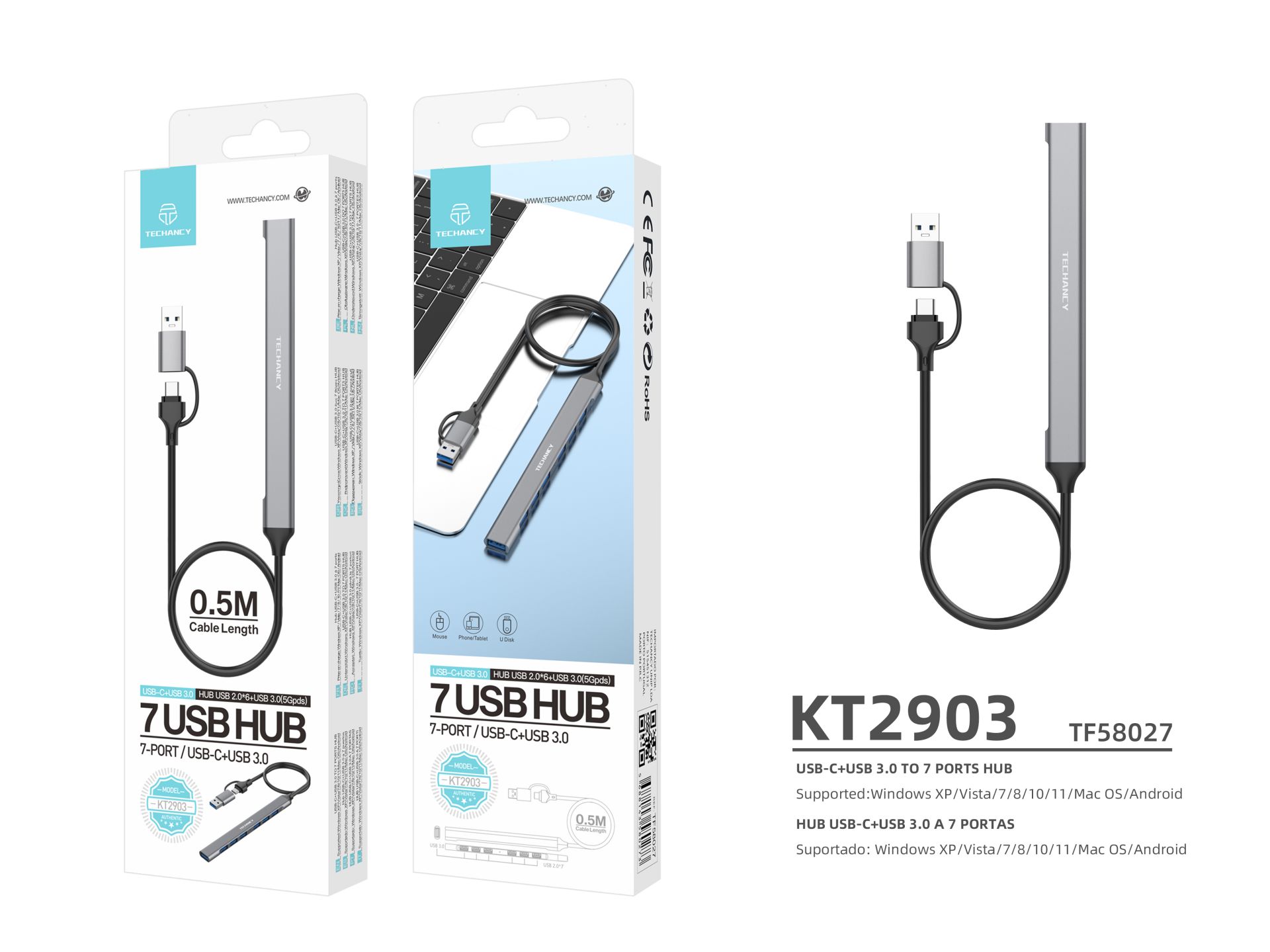 Hub Usb-C+Usb 3.0 With 7 Ports Usb 0.5M Gray Hub Usb-C+Usb 3.0 With 7 Ports Usb 0.5M Gray