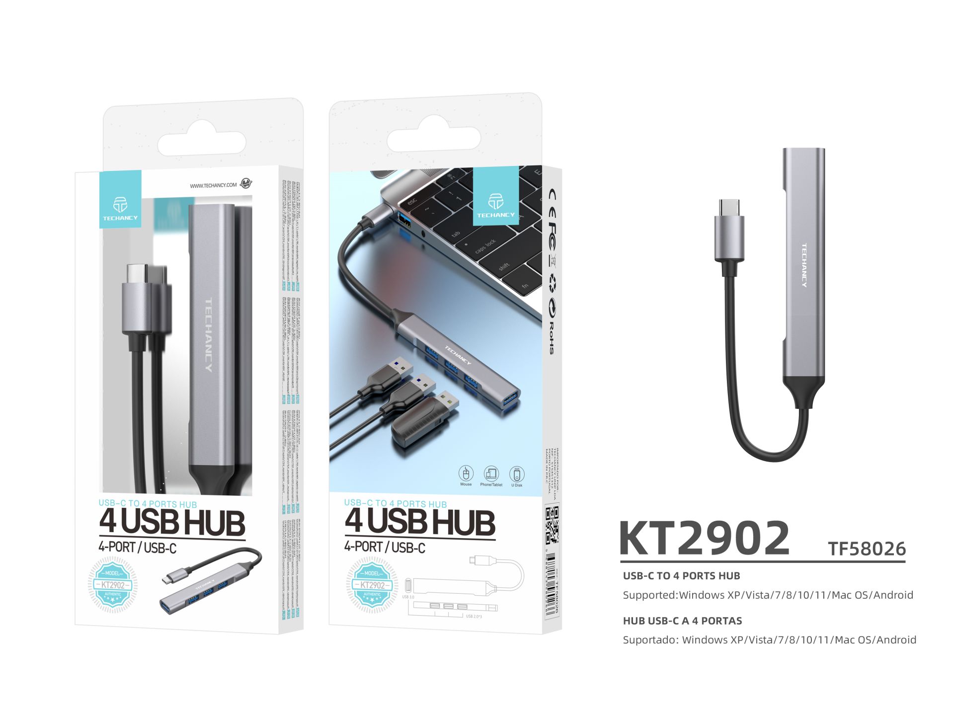 Hub Usb-C 3.0 Com 4 Portas Usb Cinza Hub Usb-C 3.0 Com 4 Portas Usb Cinza