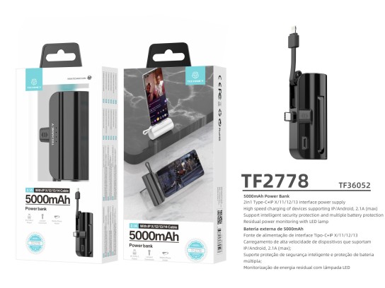 Power Bank 5000Mah Portable Avec Câble Noir Power Bank 5000Mah Portable Avec Câble Noir