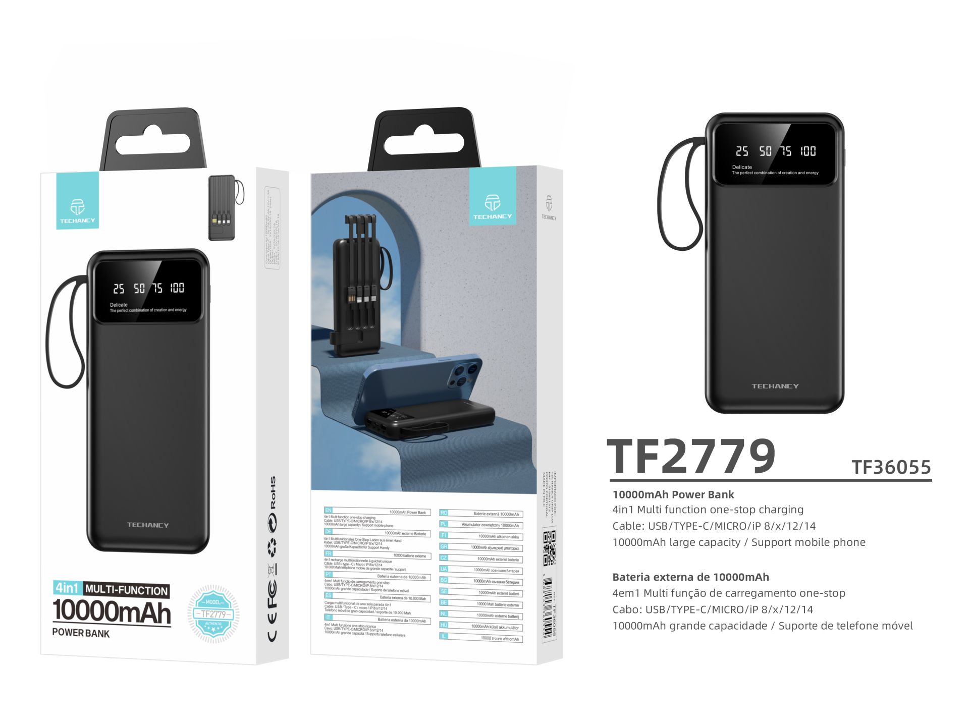 Power Bank 10000Mah With Cable Fast Charger Black Power Bank 10000Mah With Cable Fast Charger Black