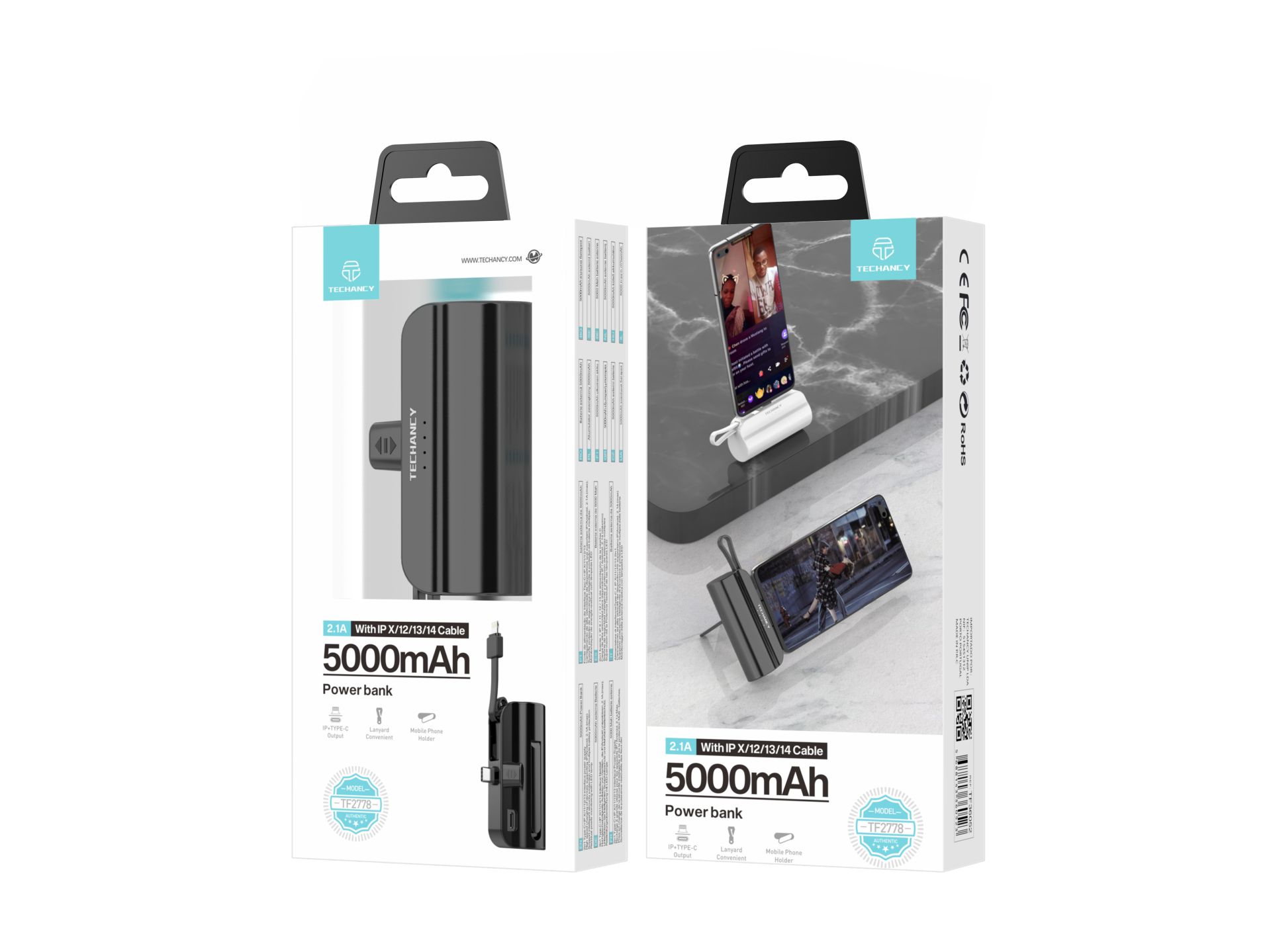 Power Bank 5000Mah Portable Avec Câble Noir Power Bank 5000Mah Portable Avec Câble Noir