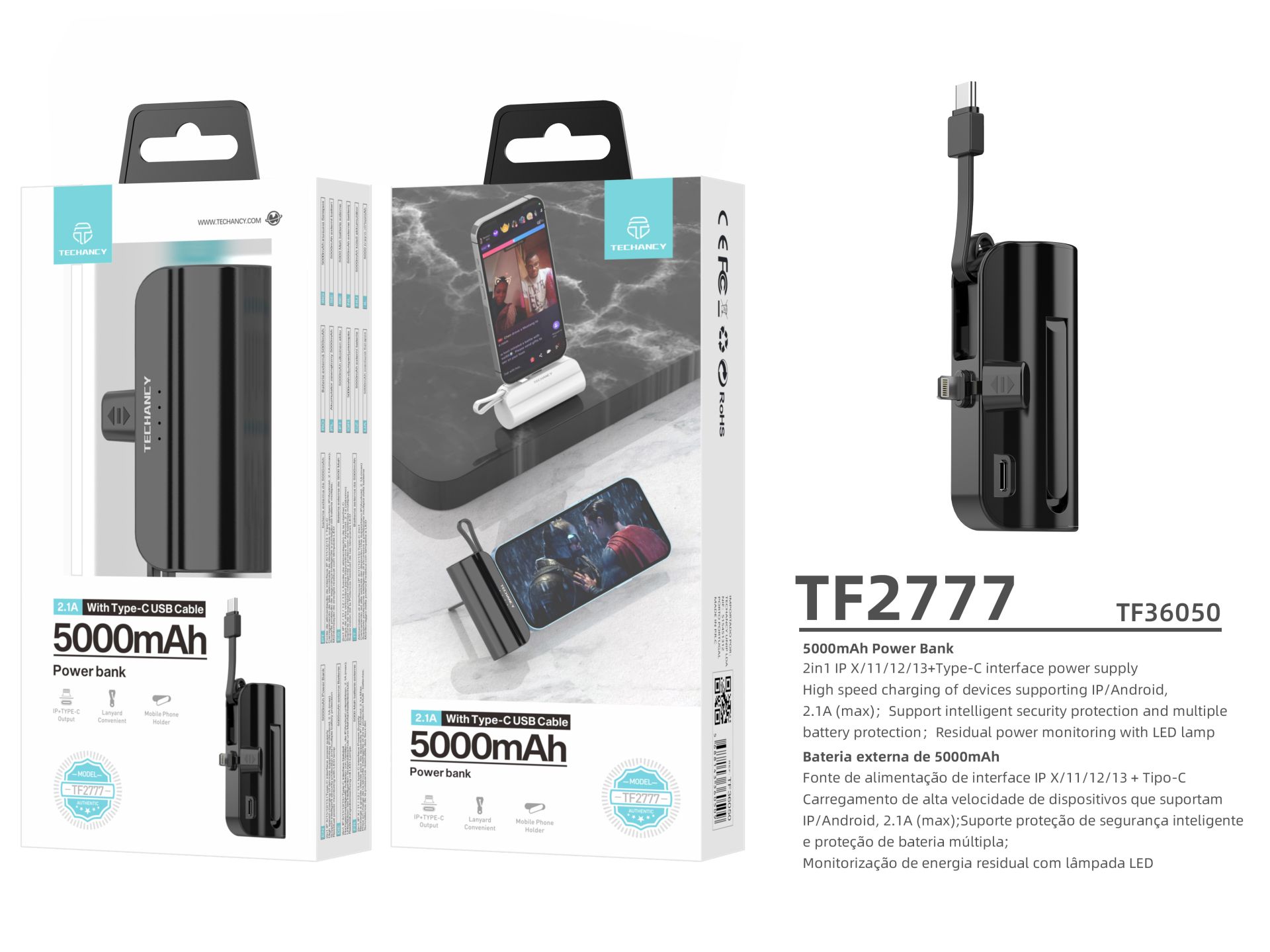 Power Bank 5000Mah Portable With Cable Black Power Bank 5000Mah Portable With Cable Black