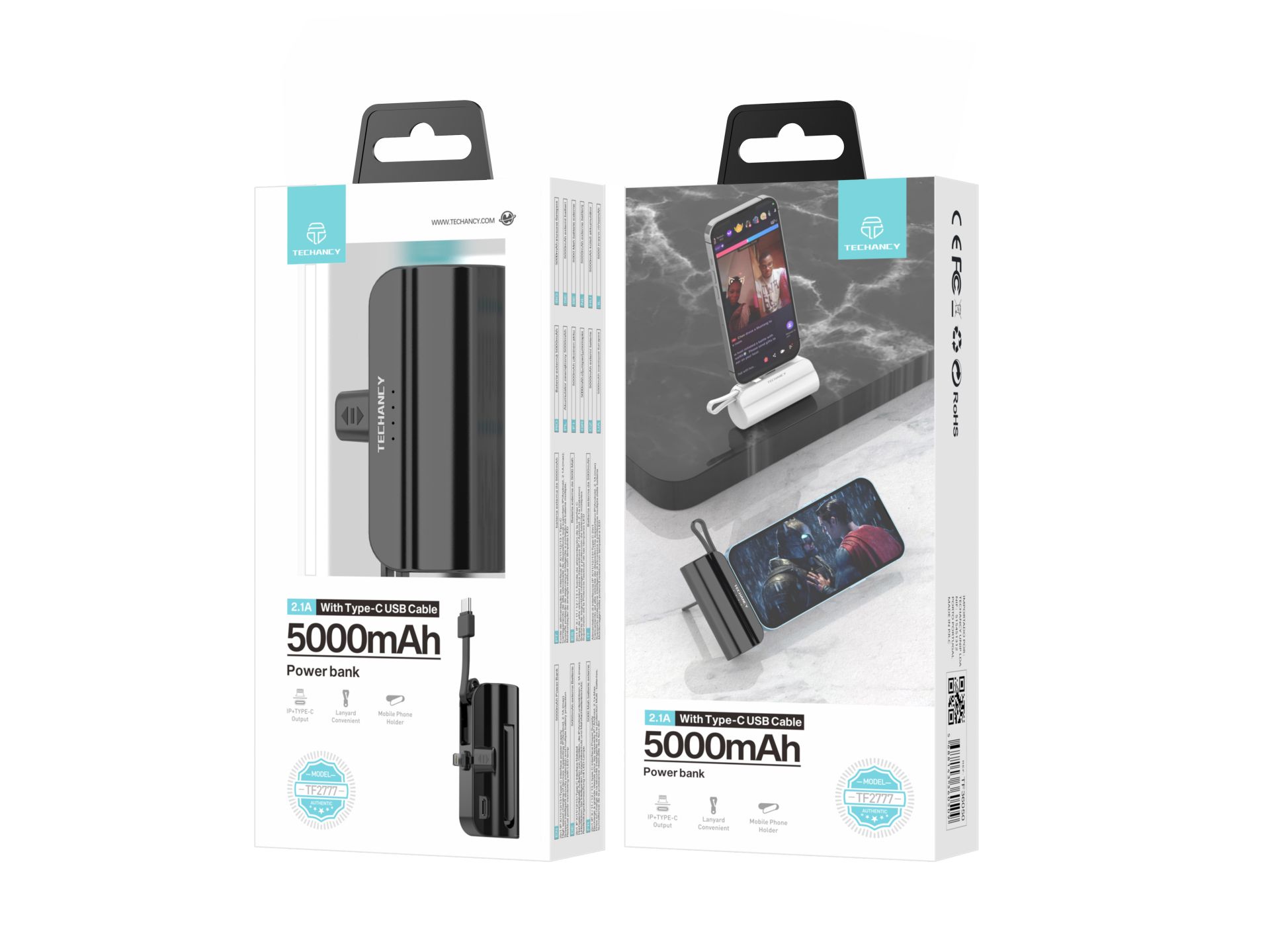 Power Bank 5000Mah Portable With Cable Black Power Bank 5000Mah Portable With Cable Black