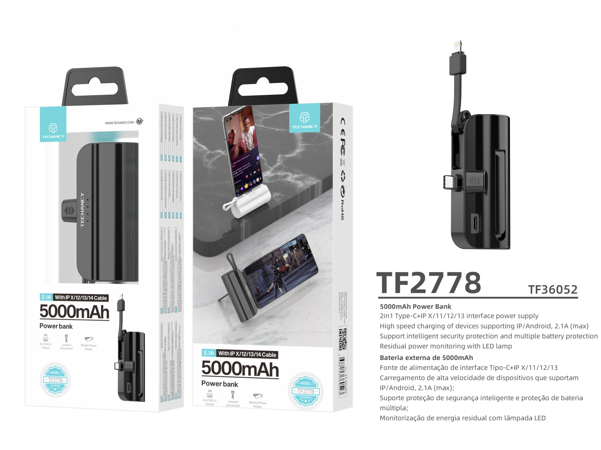 Power Bank 5000Mah Portable Avec Câble Noir Power Bank 5000Mah Portable Avec Câble Noir