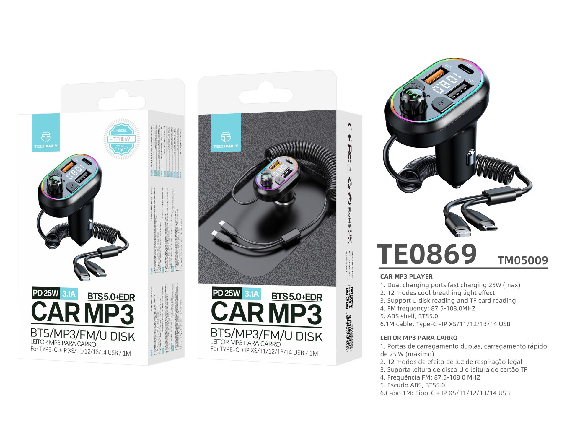 Transmissor Fm Bluetooth Carro Com Cabo Carregamento Transmissor Fm Bluetooth Carro Com Cabo Carregamento