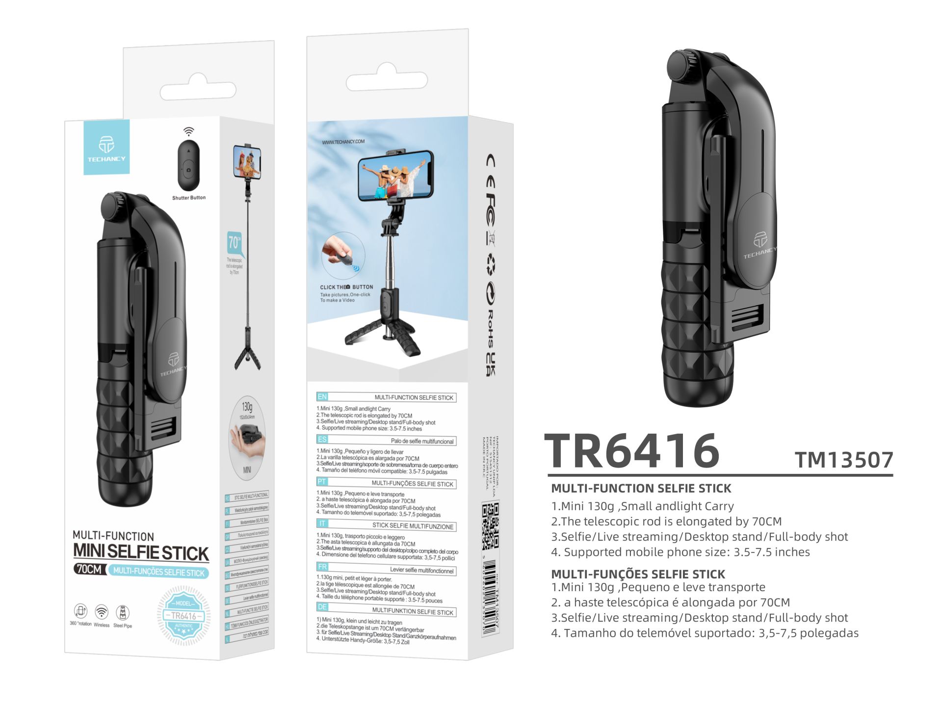 Mini Selfie Stick Tripe,3 Em 1 Extensivel Com Bluetooth Controlo Remoto Preto Mini Selfie Stick Tripe,3 Em 1 Extensivel Com Bluetooth Controlo Remoto Preto