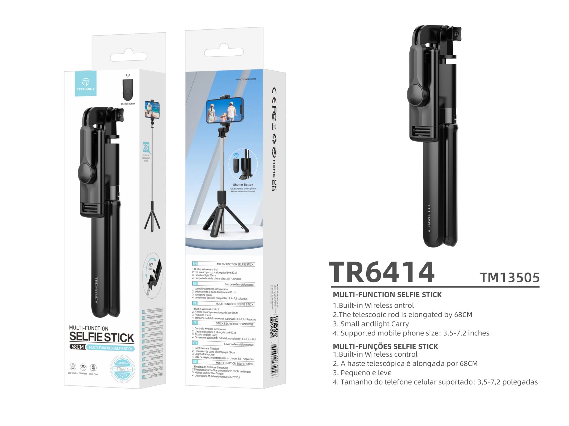 Selfie Stick Tripe,3 Em 1 Extensivel Com Bluetooth Controlo Remoto Preto