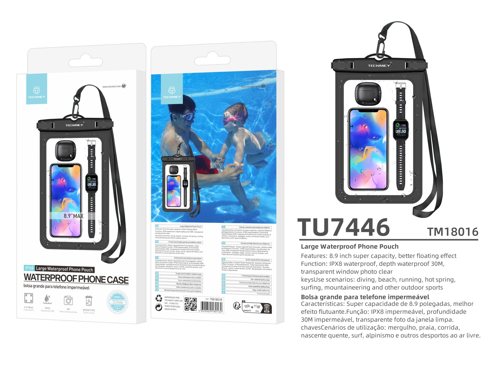 Custodia universale impermeabile per telefono cellulare per Xiaomi Iphone Samsung Etc 8,9 nero