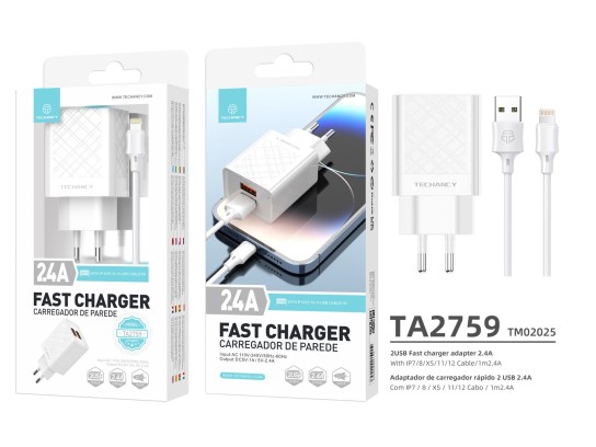 Charger With Cable For Ip 2.4A 1M 2Usb White