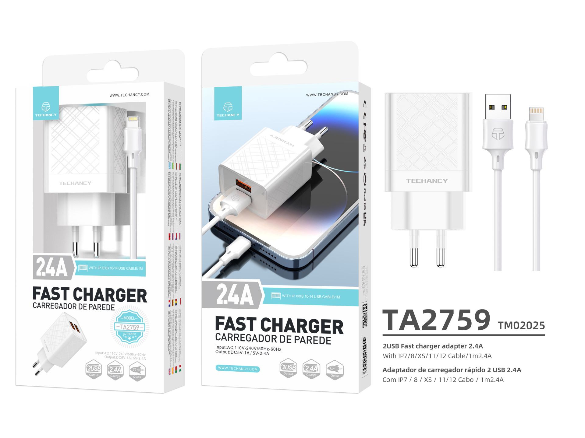 Charger With Cable For Ip 2.4A 1M 2Usb White