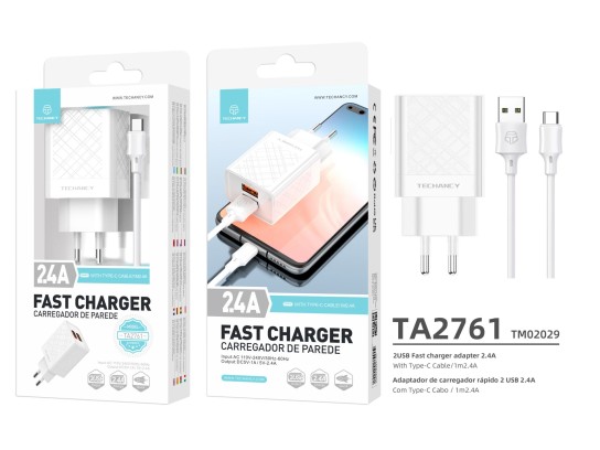 Ladegerät mit Usb-Typ C Kabel 2.4A 1M 2Usb Weiß Ladegerät mit Usb-Typ C Kabel 2.4A 1M 2Usb Weiß