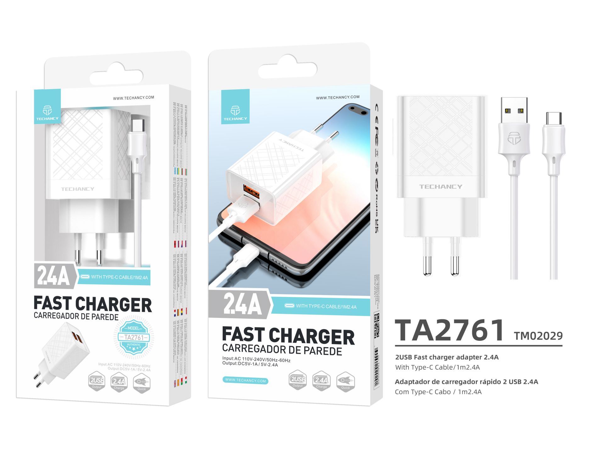 Ladegerät mit Usb-Typ C Kabel 2.4A 1M 2Usb Weiß Ladegerät mit Usb-Typ C Kabel 2.4A 1M 2Usb Weiß