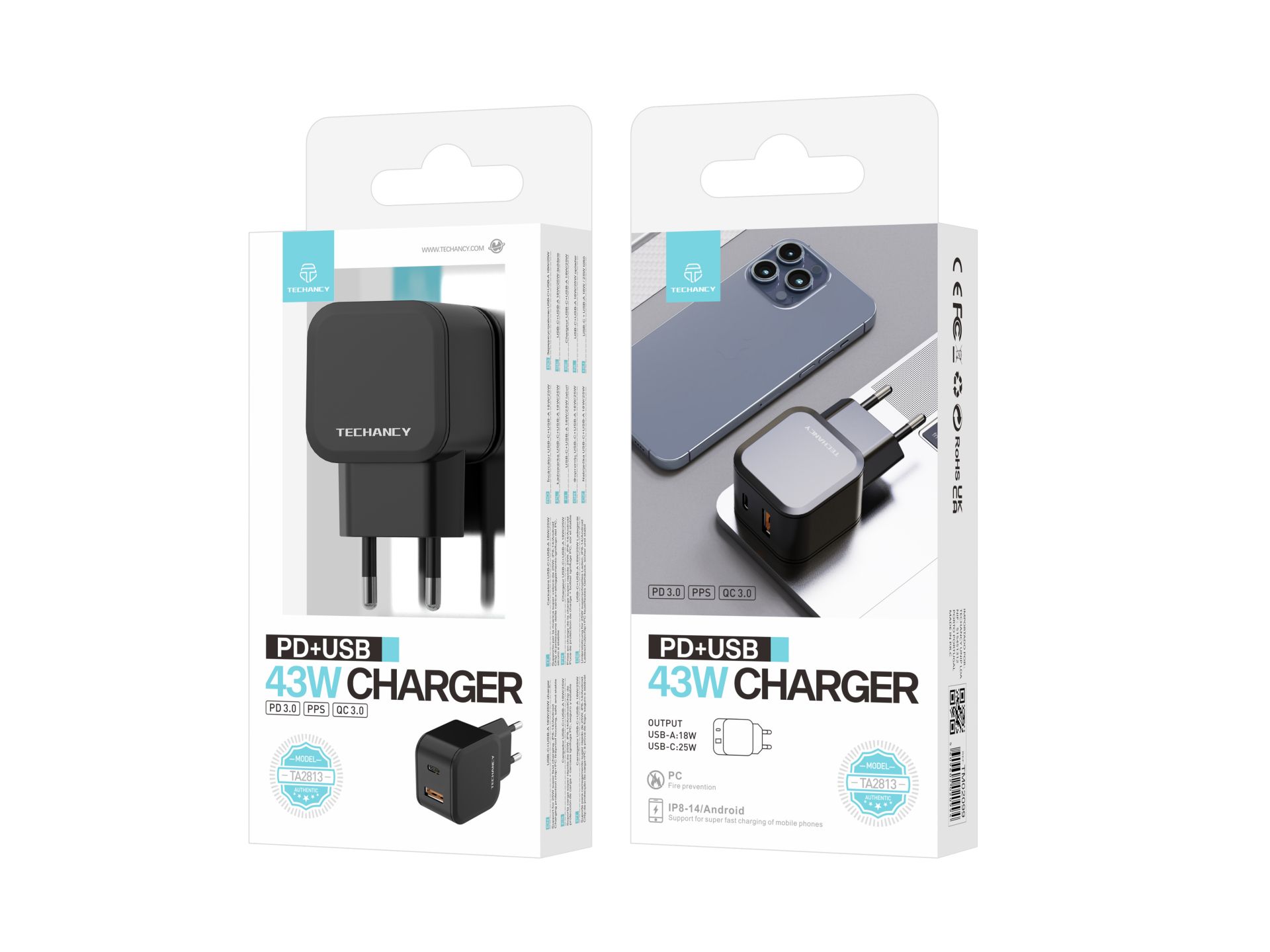 Caricabatterie 25W E Qc3.0 Usb C Pd Charger, presa di ricarica rapida a 2 porte (Pd e Qc), adattator