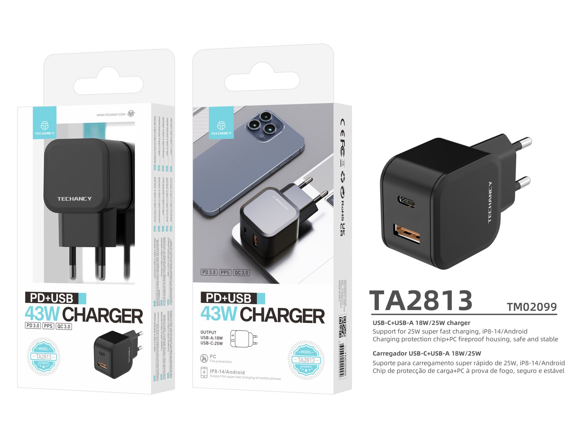 Caricabatterie 25W E Qc3.0 Usb C Pd Charger, presa di ricarica rapida a 2 porte (Pd e Qc), adattator