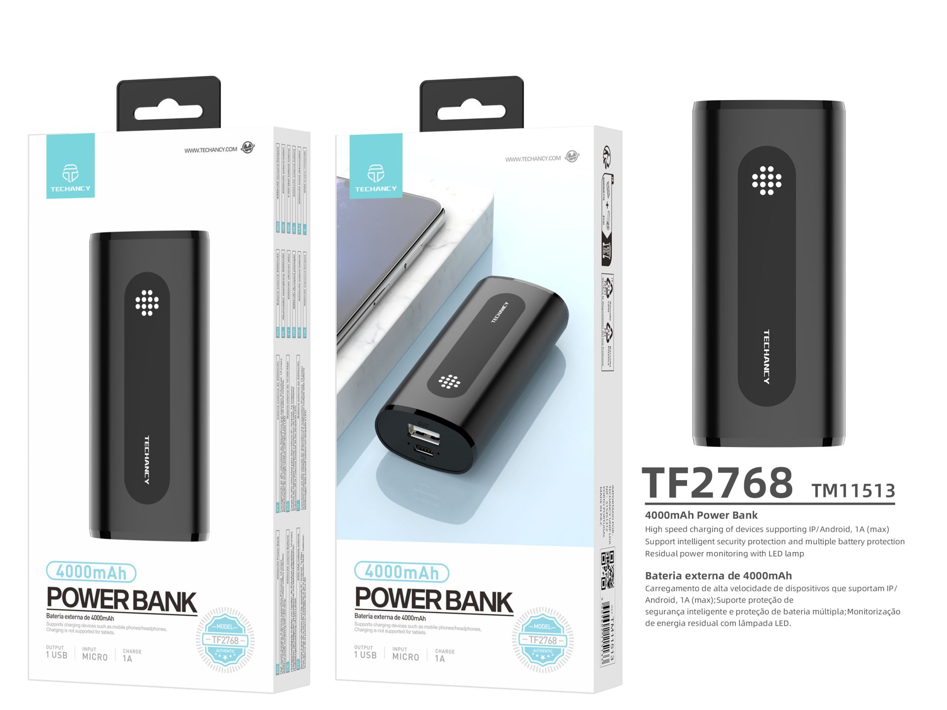 Mini Bateria Externa De Carregamento 1A 4000 Mah, Powerbank Para Smartphone Preto Mini Bateria Externa De Carregamento 1A 4000 Mah, Powerbank Para Smartphone Preto