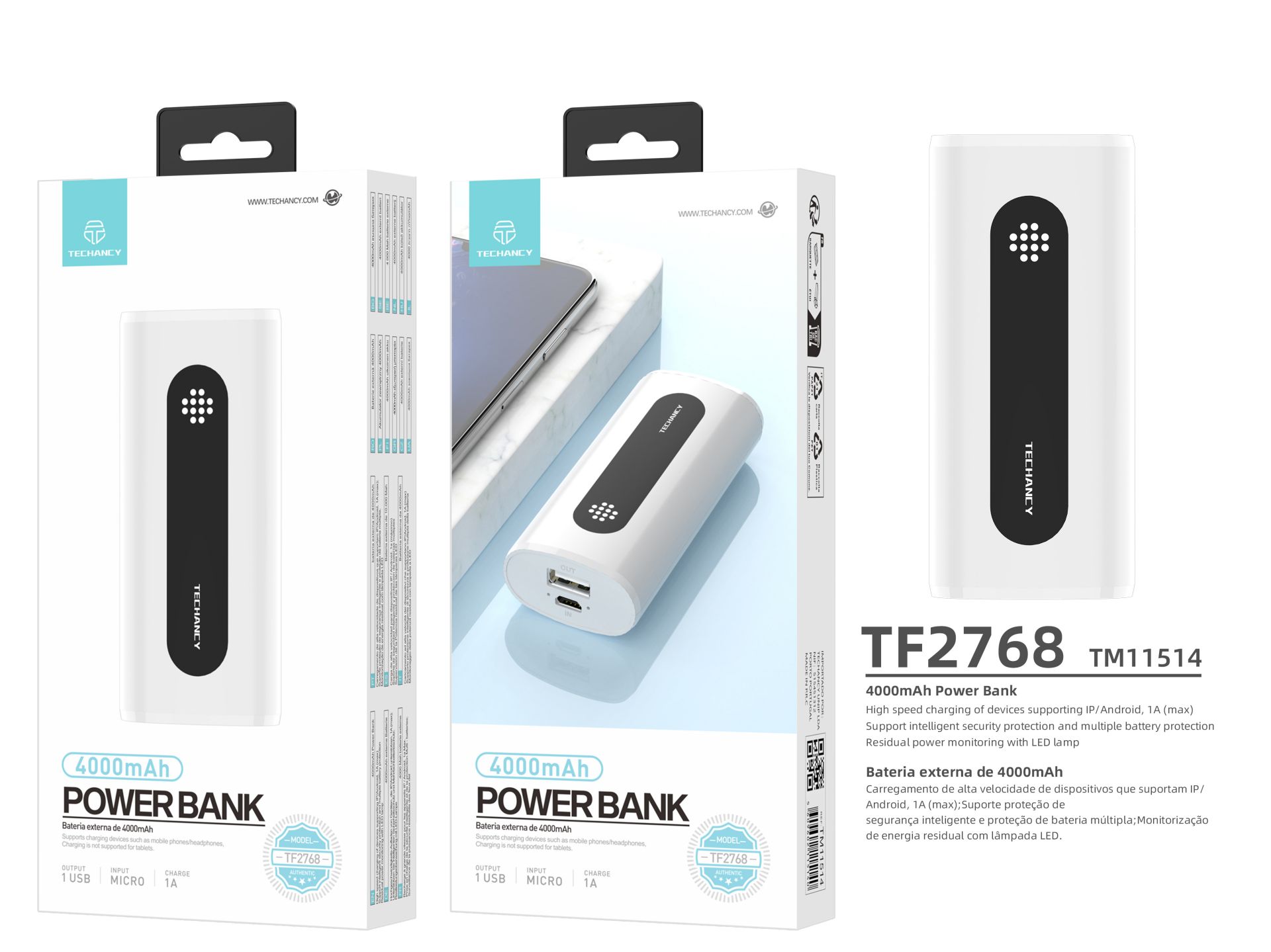 Mini Bateria Externa De Carregamento 1A 4000 Mah, Powerbank Para Smartphone Branco