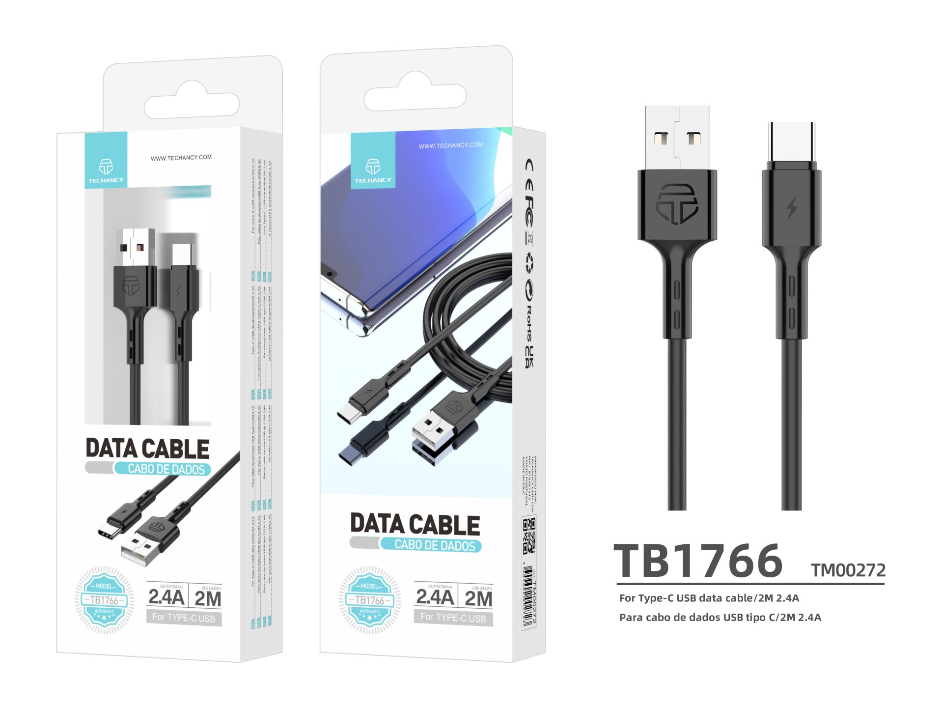 Cable de datos Type-C de alta calidad negro 2M 2.4A Cable de datos Type-C de alta calidad negro 2M 2.4A