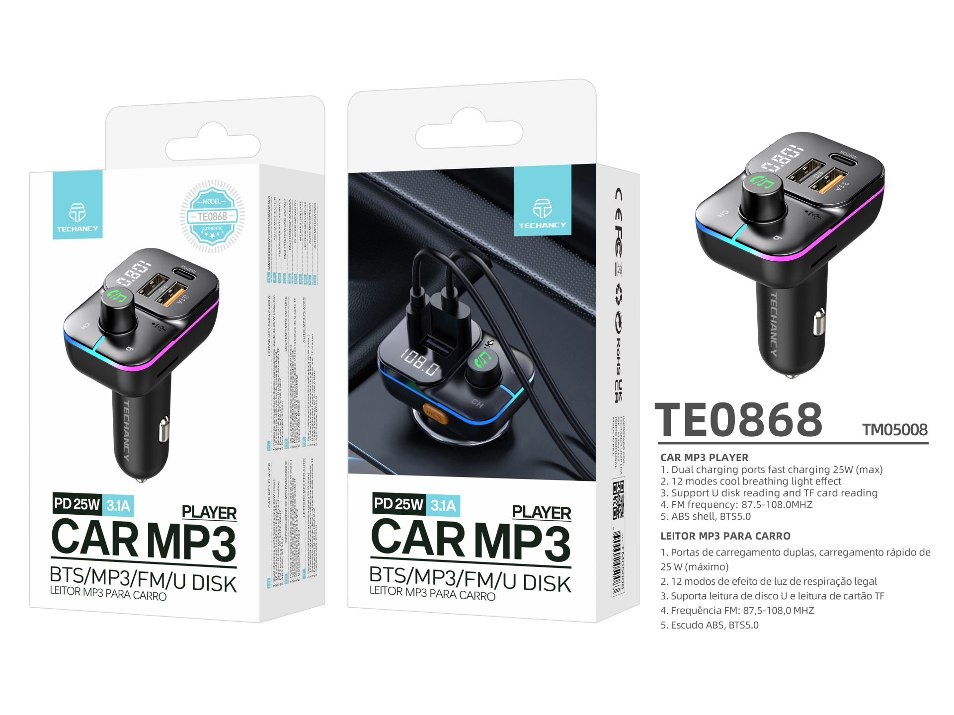 Transmissor Fm Bluetooth 5.0, Maos Livres Leitor Musica Carro, Deep Bass Som Hi-Fi, Adaptador De Rad Transmissor Fm Bluetooth 5.0, Maos Livres Leitor Musica Carro, Deep Bass Som Hi-Fi, Adaptador De Rad