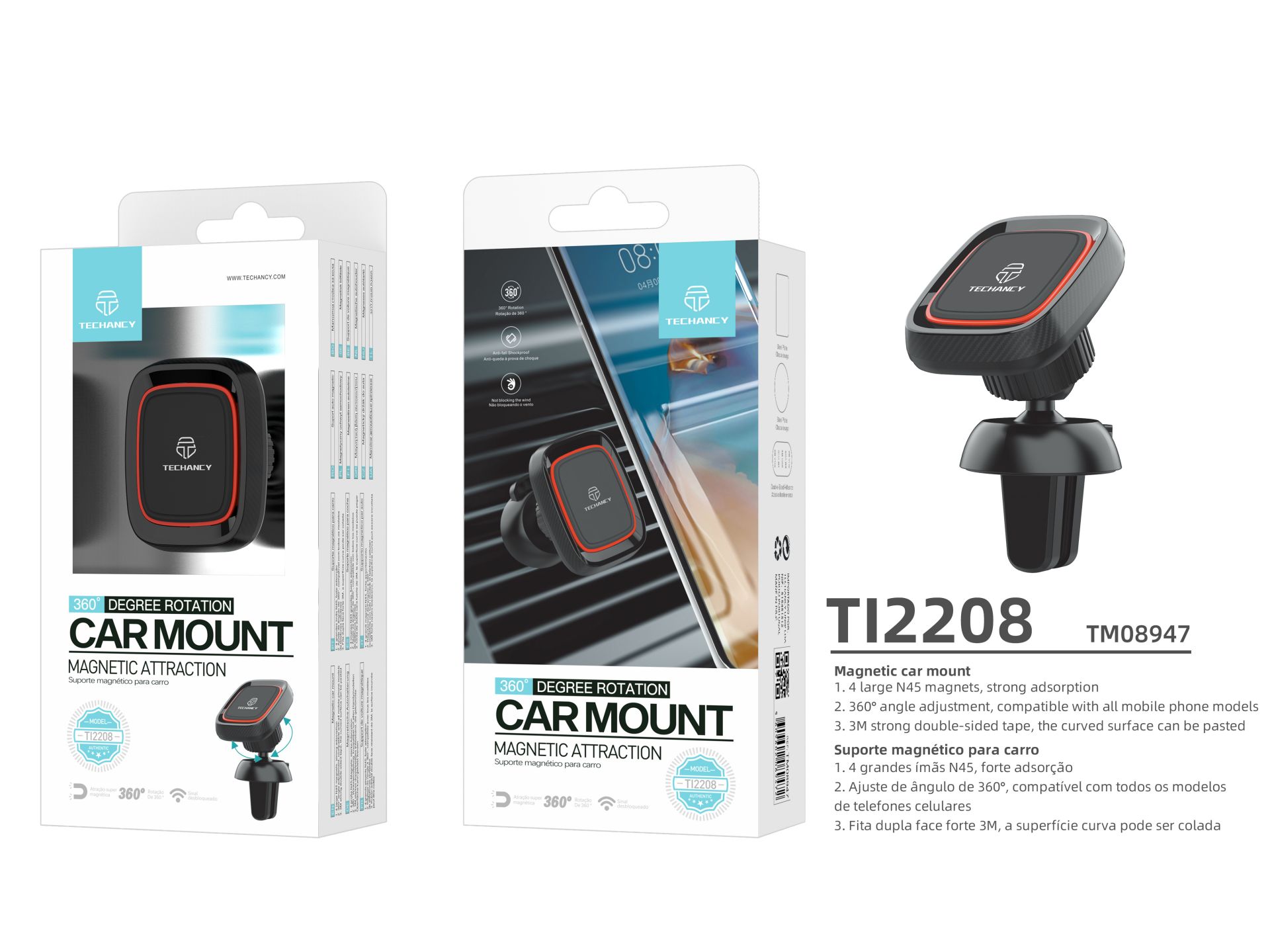 Supporto per auto mobile, supporto per griglia d'aria, rotazione di 360, supporto magnetico per tele Supporto per auto mobile, supporto per griglia d'aria, rotazione di 360, supporto magnetico per tele