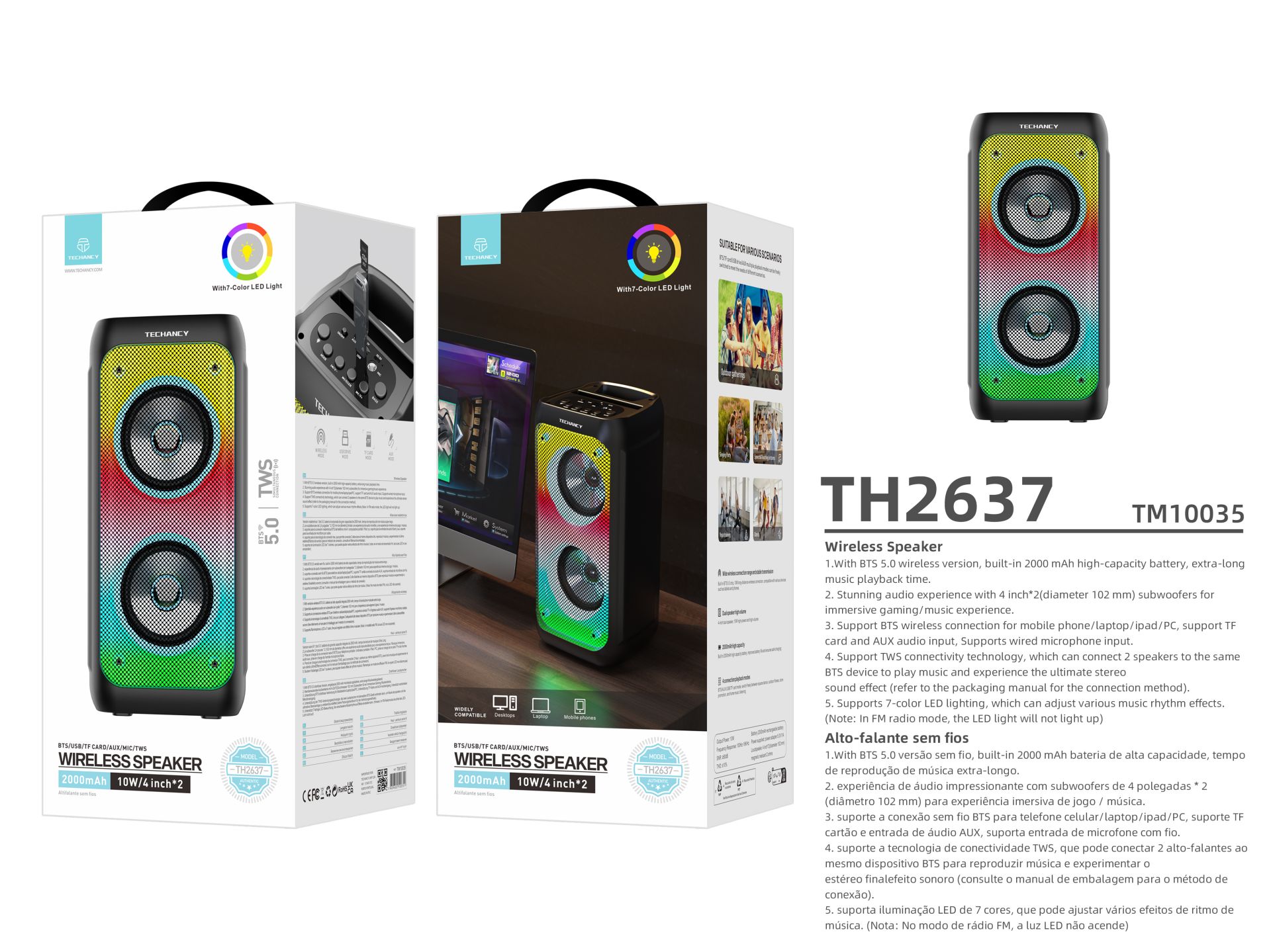 Bluetooth 5.0 Stereo Speakers, Portable Wireless Speaker, Colourful Lights, 2000 Mah Battery, Outdoo Bluetooth 5.0 Stereo Speakers, Portable Wireless Speaker, Colourful Lights, 2000 Mah Battery, Outdoo