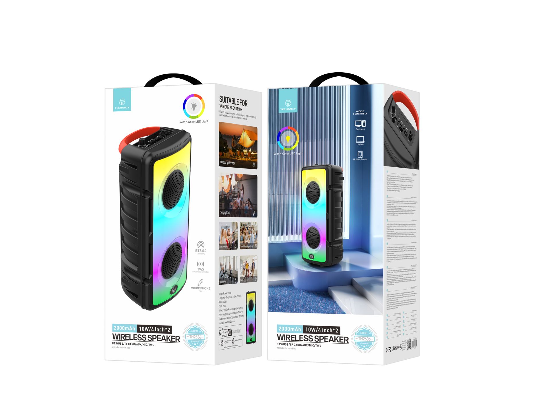 Bluetooth 5.0 Stereo Speakers, Portable Wireless Speaker, Colourful Lights, 2000 Mah Battery, Outdoo