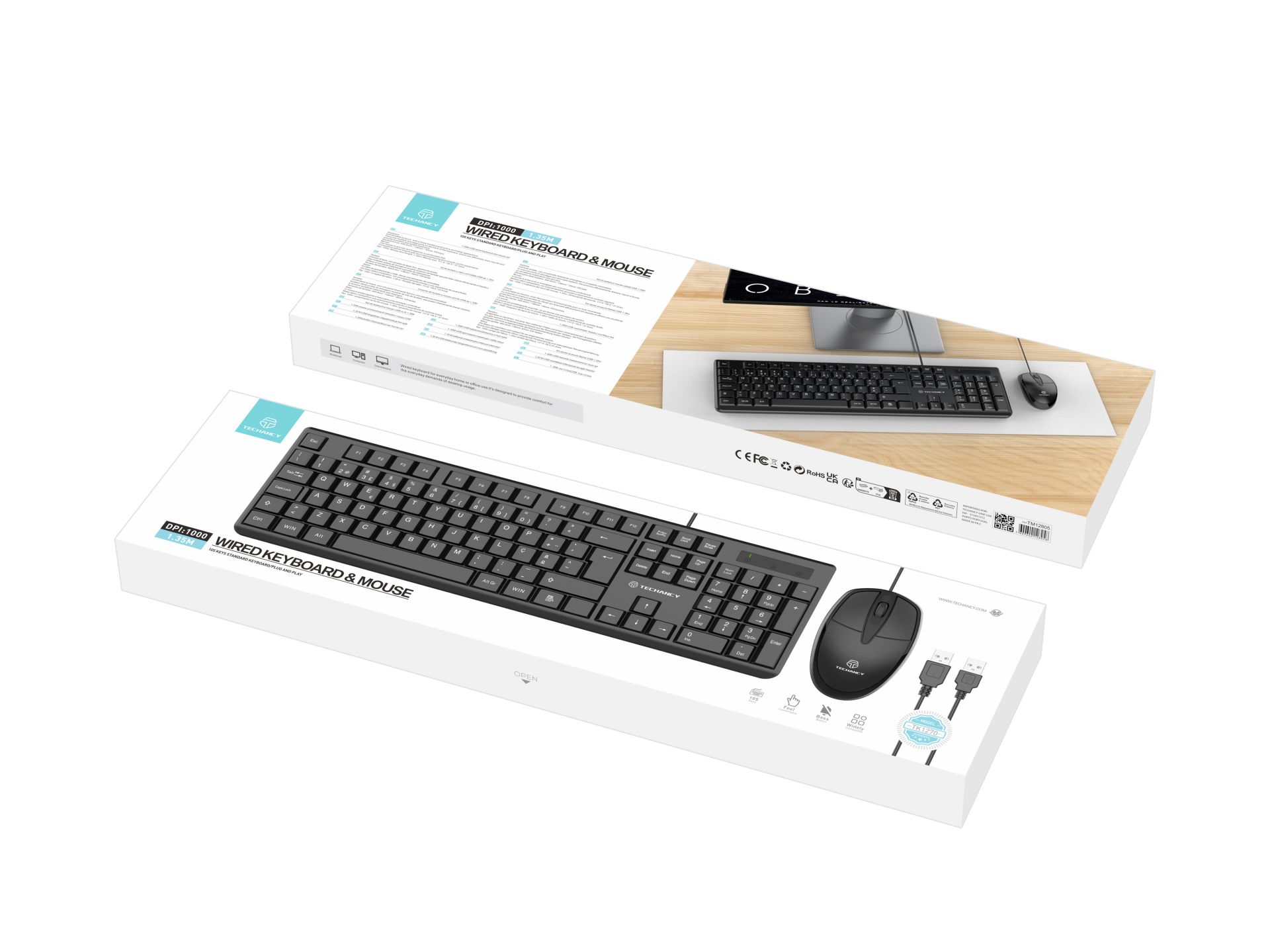 Techancy Pack Teclado E Rato Com Cabo, Design Compacto, Conexão Usb, Teclado Resistente A Versos, Wi Techancy Pack Teclado E Rato Com Cabo, Design Compacto, Conexão Usb, Teclado Resistente A Versos, Wi