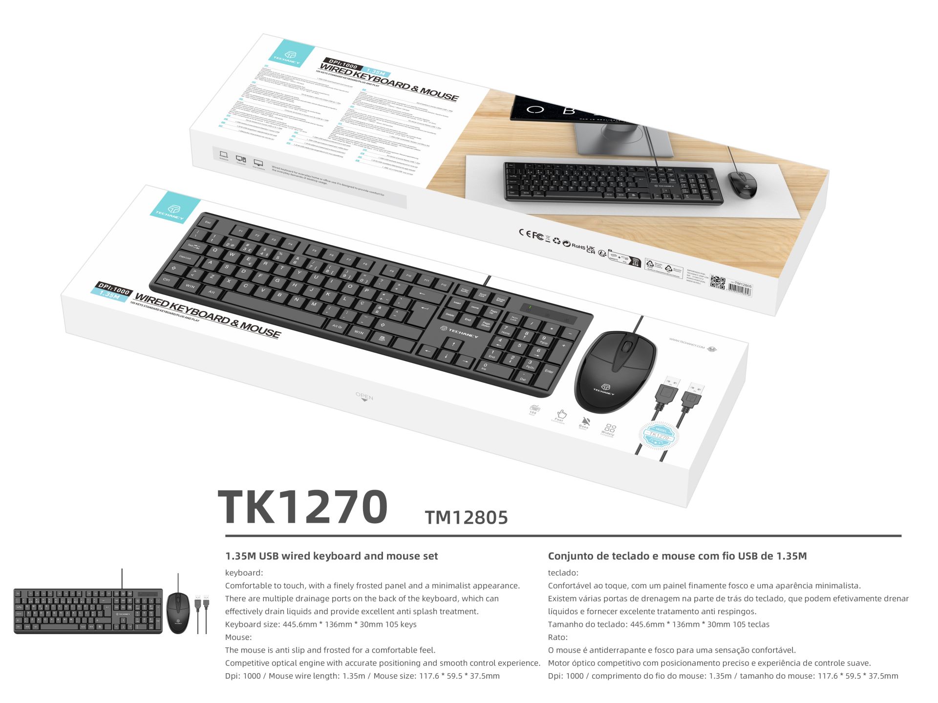 Techancy Pack Teclado E Rato Com Cabo, Design Compacto, Conexão Usb, Teclado Resistente A Versos, Wi Techancy Pack Teclado E Rato Com Cabo, Design Compacto, Conexão Usb, Teclado Resistente A Versos, Wi
