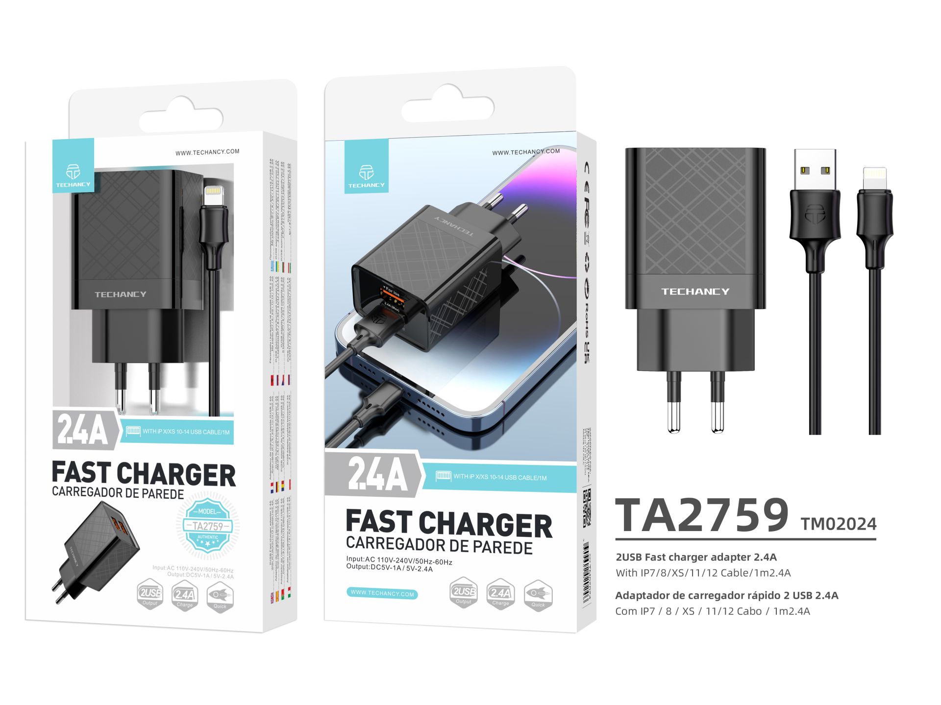 Charger With Cable For Ip 2.4A 1M 2Usb Black Charger With Cable For Ip 2.4A 1M 2Usb Black