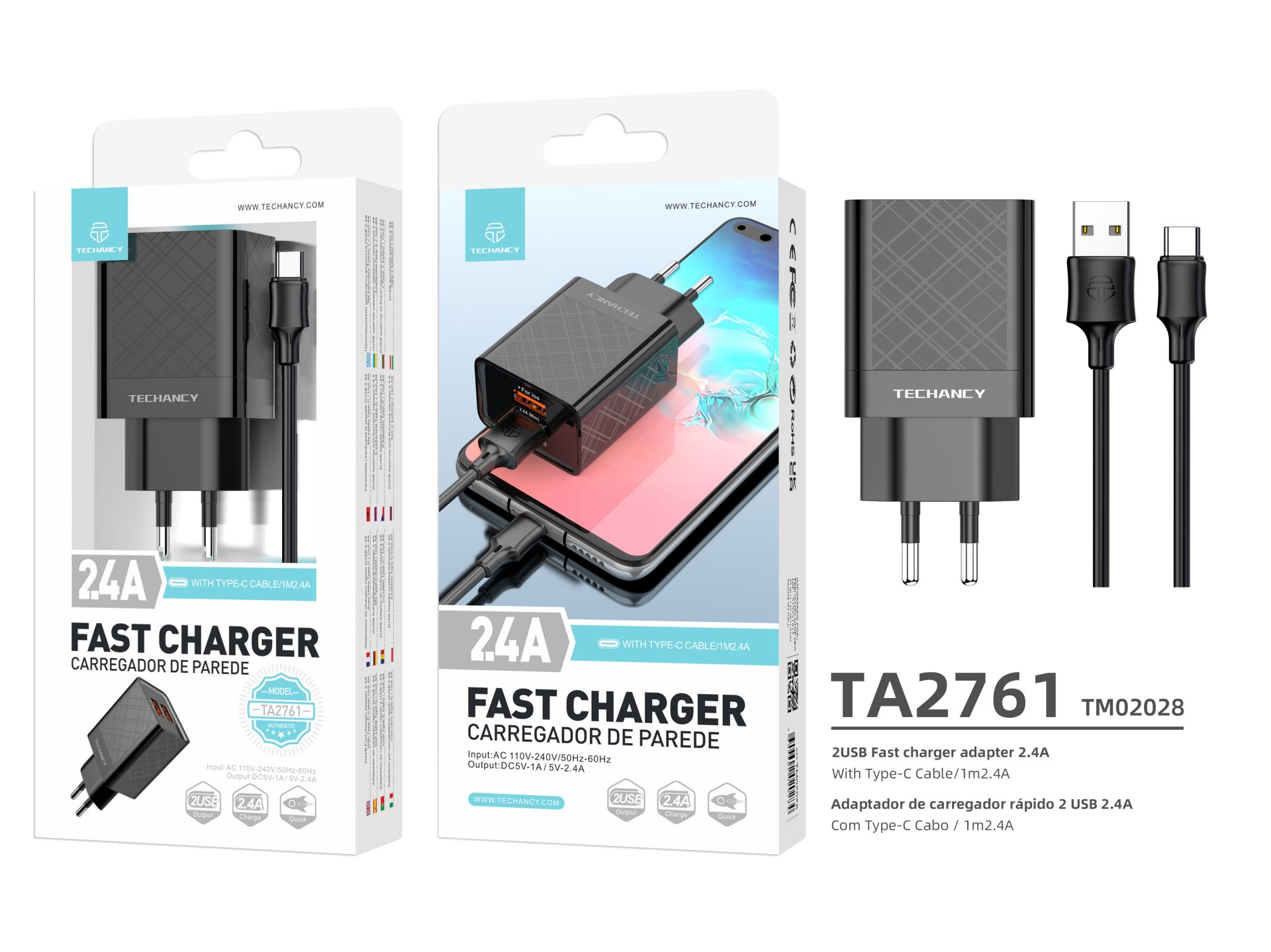 Ladegerät mit Usb-Typ C Kabel 2.4A 1M 2Usb Schwarz Ladegerät mit Usb-Typ C Kabel 2.4A 1M 2Usb Schwarz
