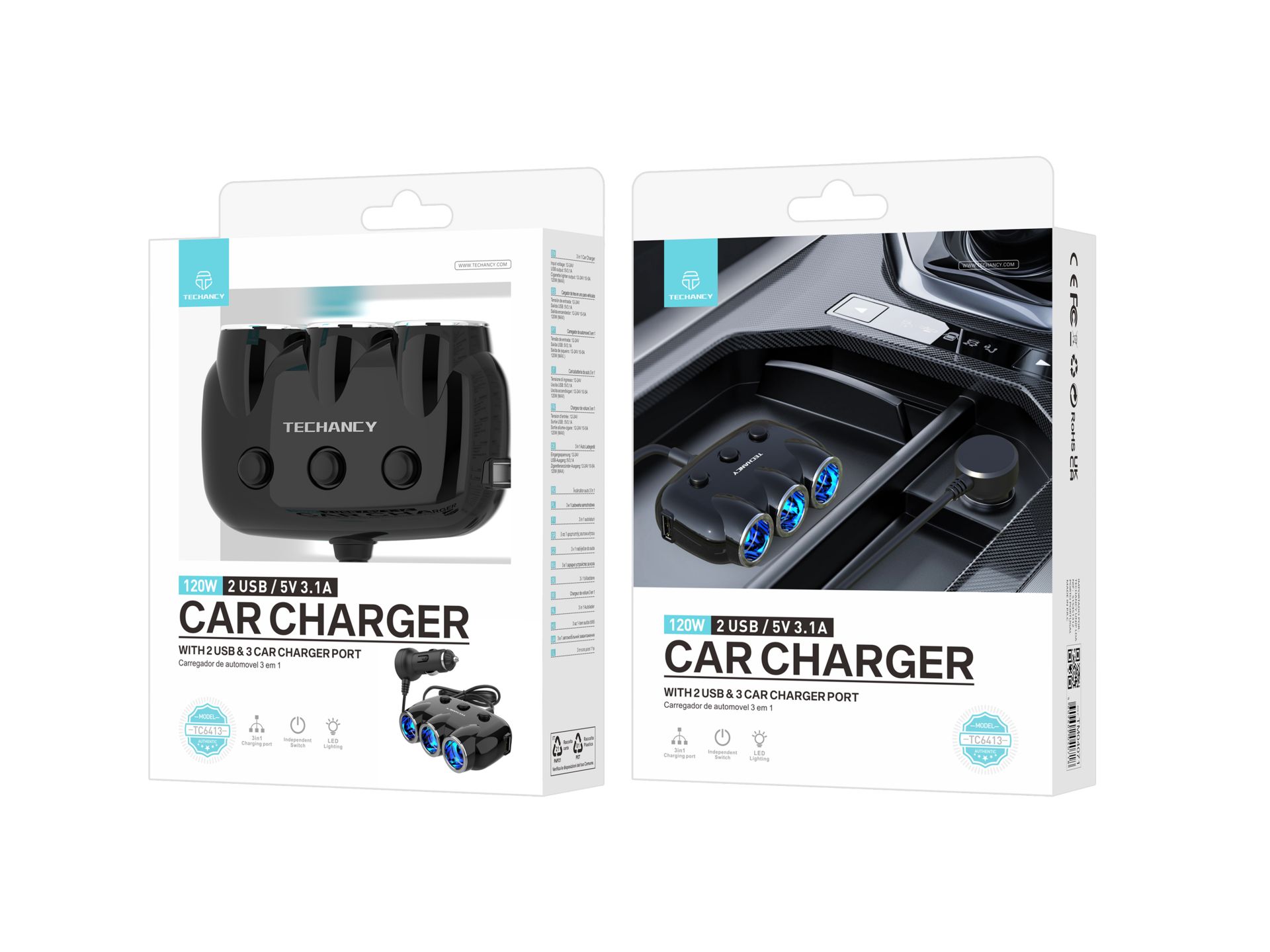 Chargeur de voiture avec 3 entrées Noir Chargeur de voiture avec 3 entrées Noir