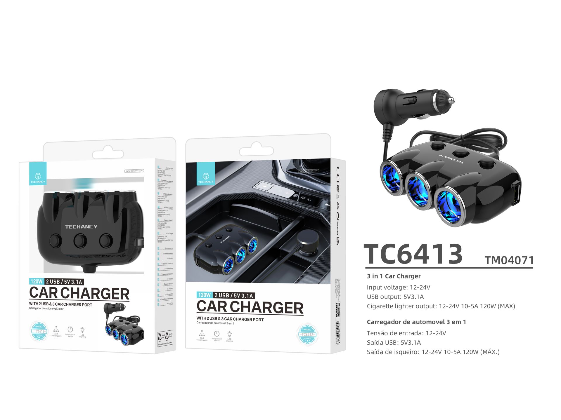 Chargeur de voiture avec 3 entrées Noir Chargeur de voiture avec 3 entrées Noir
