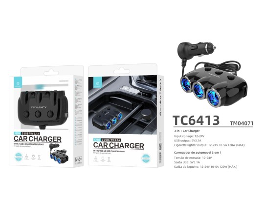 Chargeur de voiture avec 3 entrées Noir Chargeur de voiture avec 3 entrées Noir