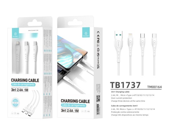 Cabo Usb 3In1 Cabo De Carregamento Multiplo 2.4 1M Branco Cabo Usb 3In1 Cabo De Carregamento Multiplo 2.4 1M Branco