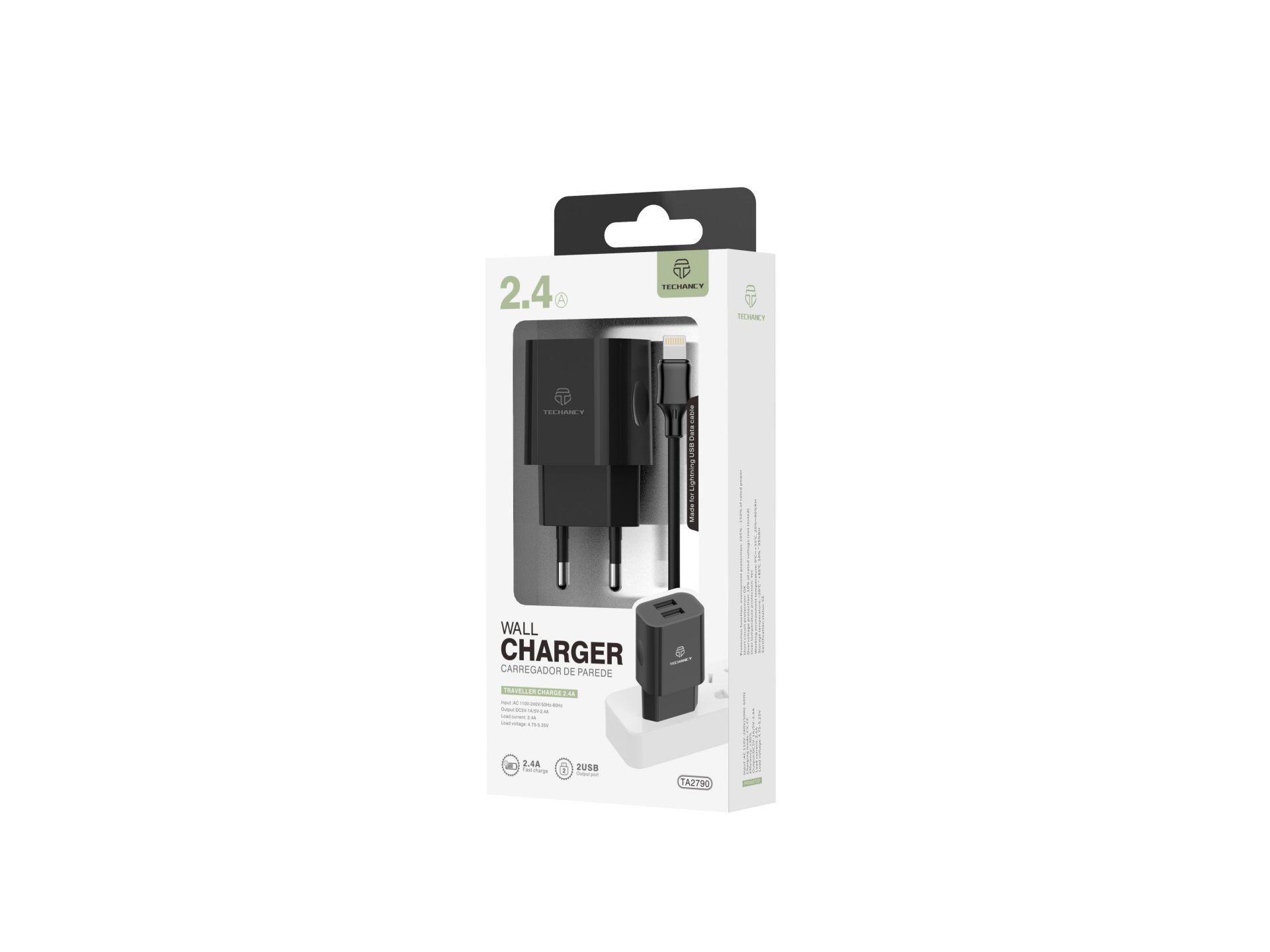 Carregador De Tomada Com Duplo Usb Portas E Cabo De Lightning Iphone  2.4A Preto
