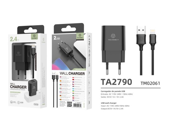 Carregador De Tomada Com Duplo Usb Portas E Cabo De Lightning Iphone  2.4A Preto