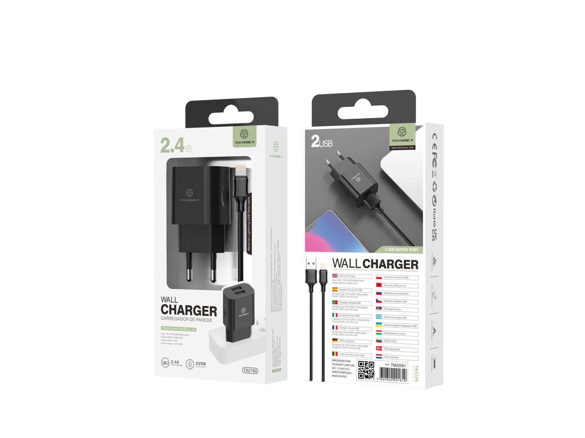 Carregador De Tomada Com Duplo Usb Portas E Cabo De Lightning Iphone  2.4A Preto