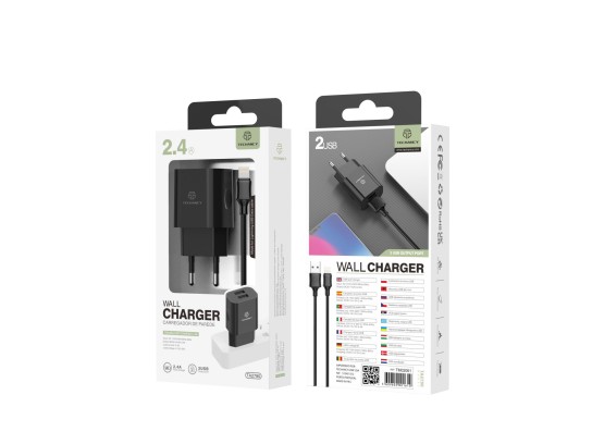 Carregador De Tomada Com Duplo Usb Portas E Cabo De Lightning Iphone  2.4A Preto