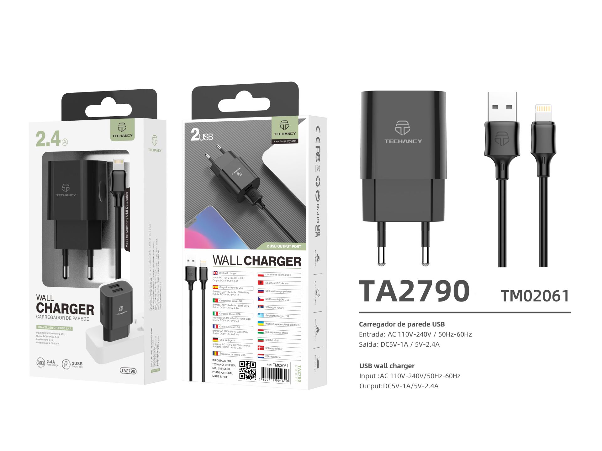 Carregador De Tomada Com Duplo Usb Portas E Cabo De Lightning Iphone  2.4A Preto