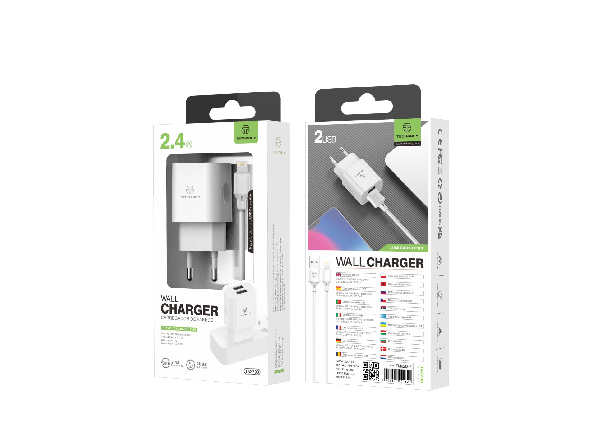 Wall Charger With Dual Usb Ports And Lightning Cable Iphone 1M 2.4A White